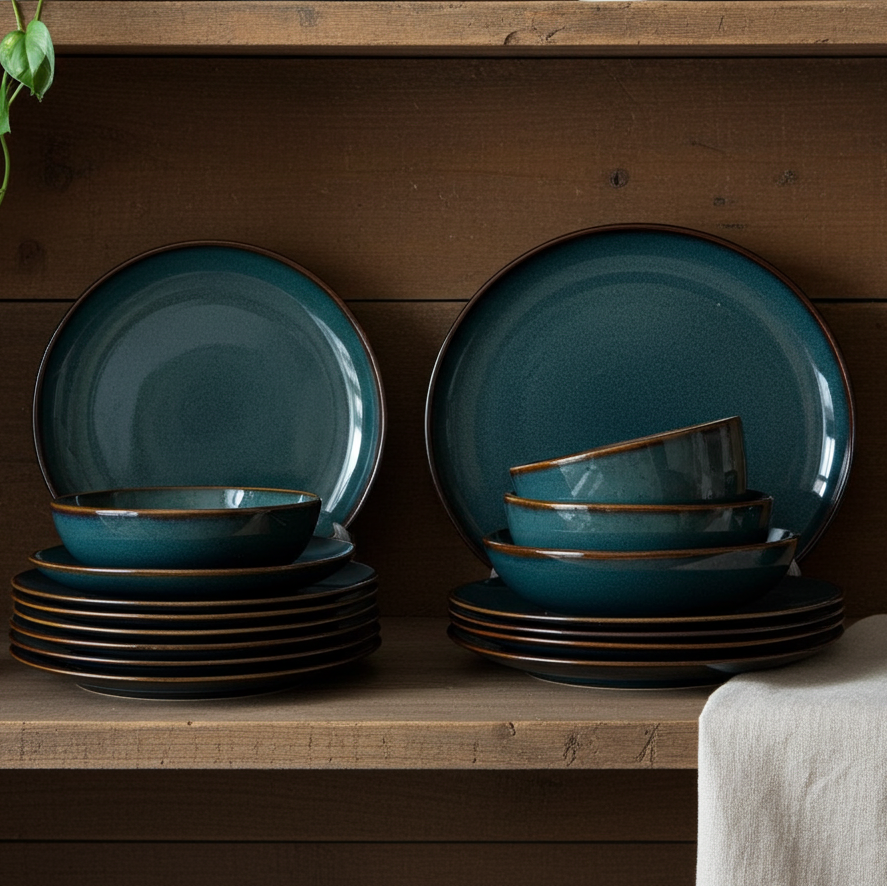 Set of teal ceramic plates and bowls on wooden shelves with a plant and white towel in the background.
