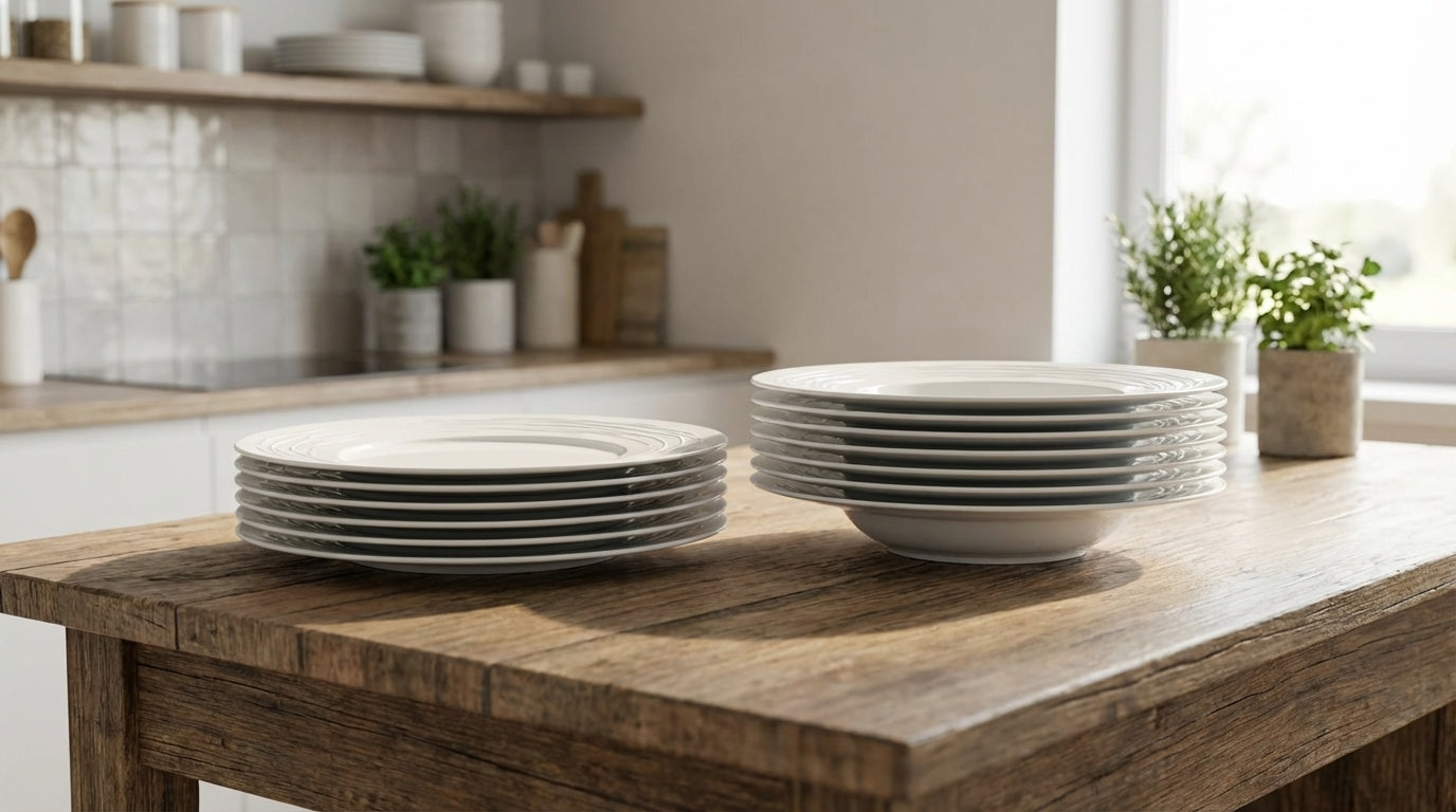 Stacks of white bowls on a wooden table in a kitchen setting