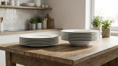 Stacks of white bowls on a wooden table in a kitchen setting