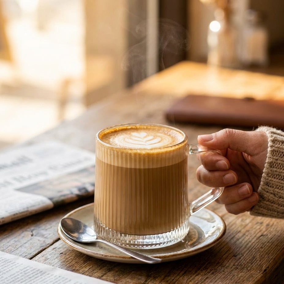 Steaming cappuccino in a glass cup on a wooden table with a blurred background