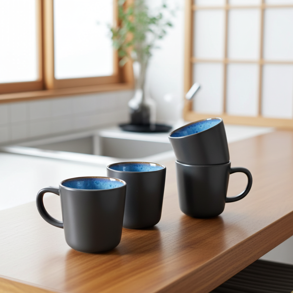 Set of black mugs with blue interior on a kitchen counter