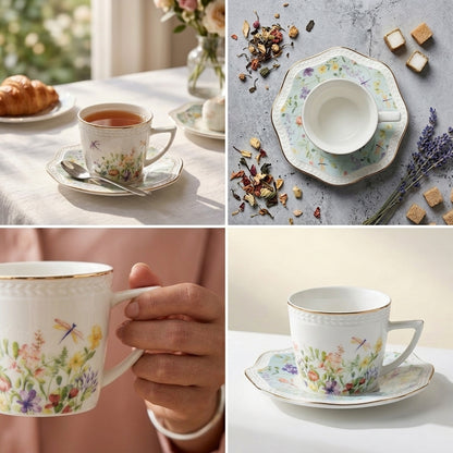 A four-panel collage showing a floral porcelain teacup and saucer set in different lifestyle contexts: on a table with a croissant and tea, on a stone surface with tea bags and lavender, held by a hand, and shown empty on a clean white surface.