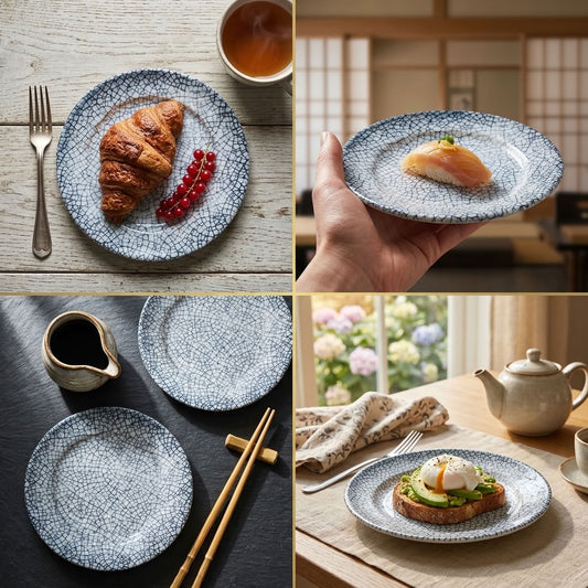 A four-panel collage showing a small round ceramic plate with a blue and white crackle glaze, styled with food in different real-world dining settings. The plate appears alongside a croissant, berries, salmon, toast with avocado and poached egg, chopsticks, a teapot, and a cup on rustic tables and wood flooring.