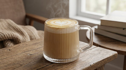 Steaming cappuccino in a glass mug on a wooden table with a cozy background