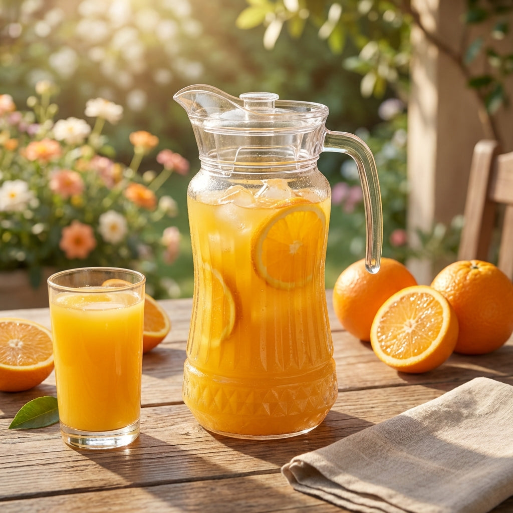 Clear glass pitcher and glass filled with orange juice on a wooden table outdoors.