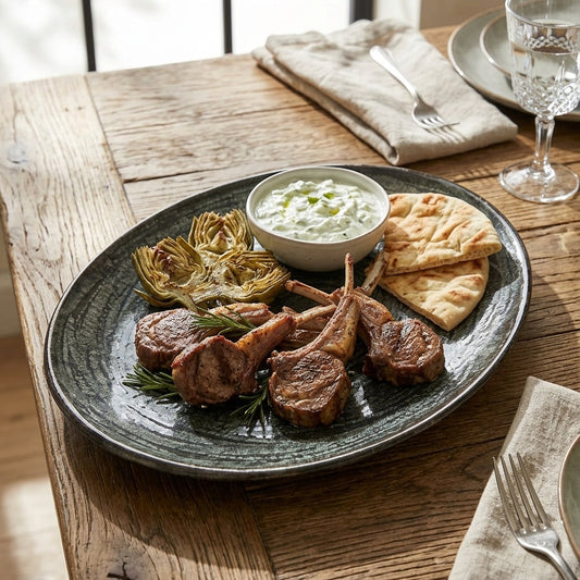 A dark textured ceramic oval platter on a rustic wooden table, filled with cooked lamb chops, artichokes, pita bread, and a small bowl of white sauce.
