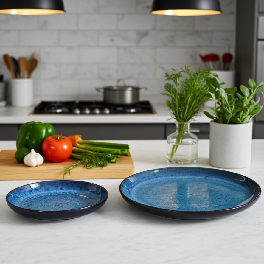 Two blue ceramic plates on a kitchen counter with vegetables and plants.