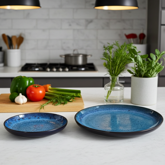 Two blue ceramic plates on a kitchen counter with vegetables and plants.
