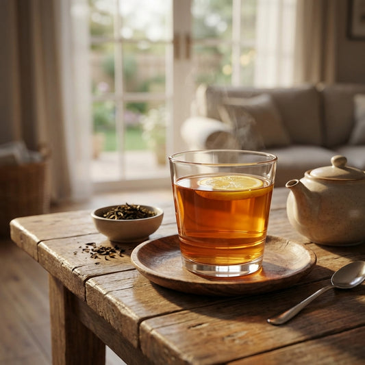 Glass of tea with lemon on a wooden table in a cozy room.
