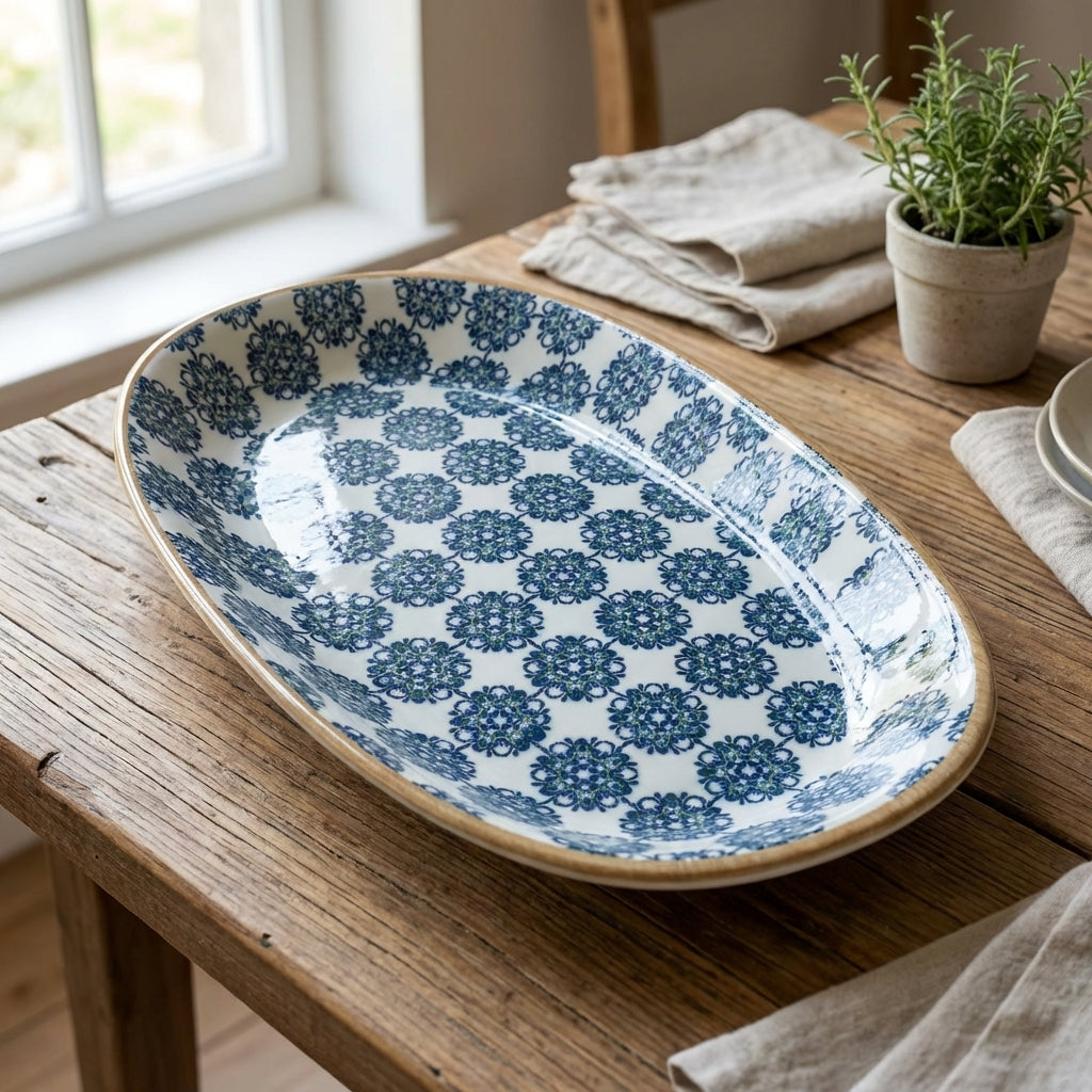 Blue and white patterned ceramic platter on a wooden table with a plant and folded cloth in the background.