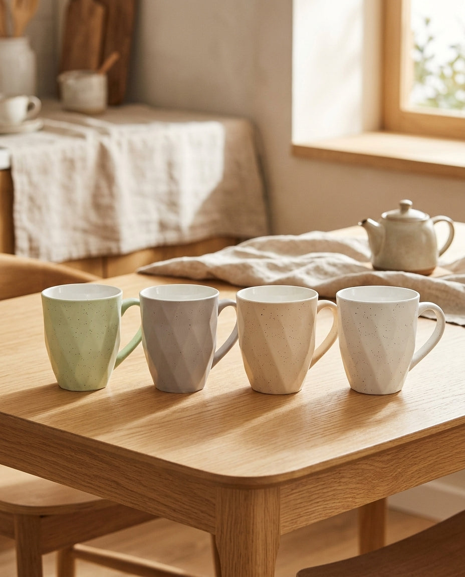 Four ceramic mugs in muted pastel colors lined up on a light wood table in a warm, softly lit kitchen setting.
