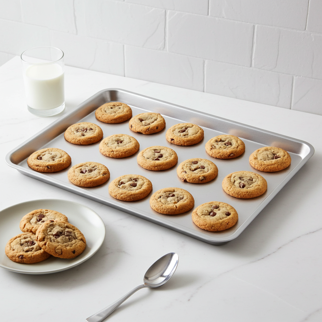 Baking tray with cookies on a white surface next to a glass of milk and a plate of cookies.
