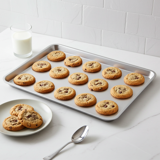 Baking tray with cookies on a white surface next to a glass of milk and a plate of cookies.