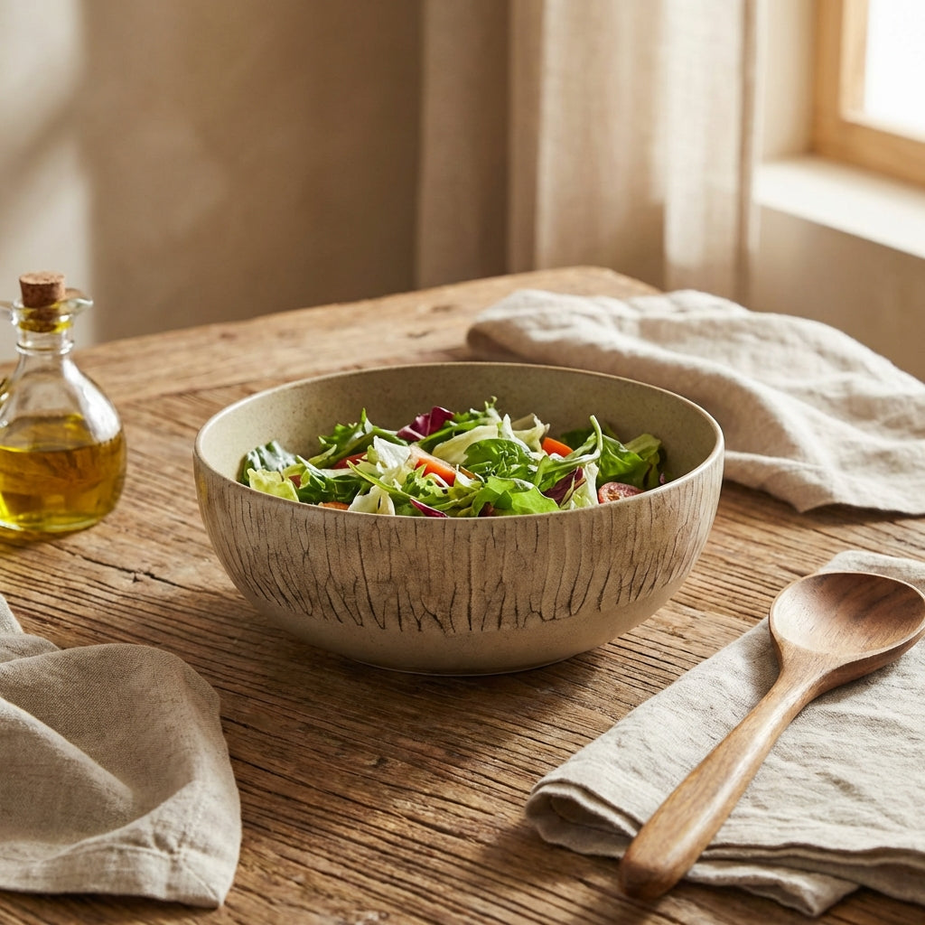 Bowl of salad on a wooden table with a wooden spoon and oil bottle.