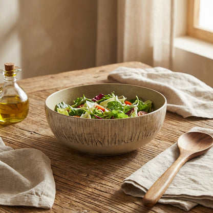 Bowl of salad on a wooden table with a wooden spoon and oil bottle.