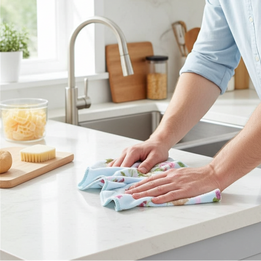 Person cleaning a kitchen counter with a floral towel