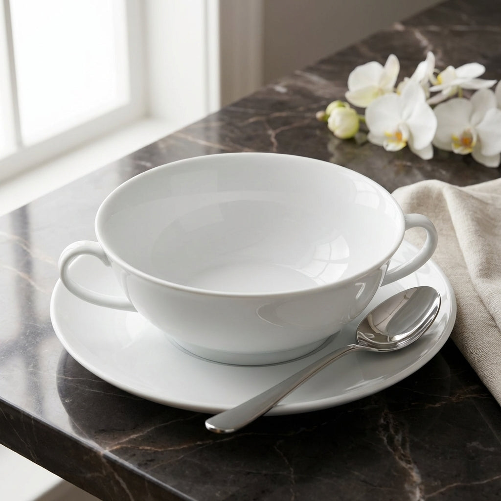 White ceramic bowl with saucer and spoon on a marble surface with flowers in the background