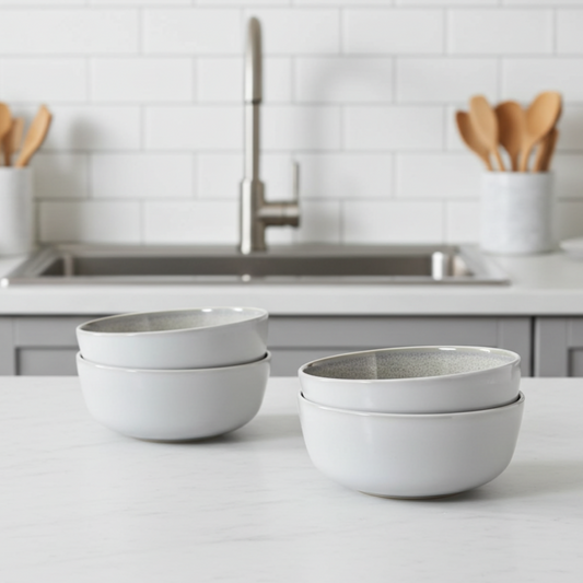 Stack of white bowls on a kitchen counter with a blurred background