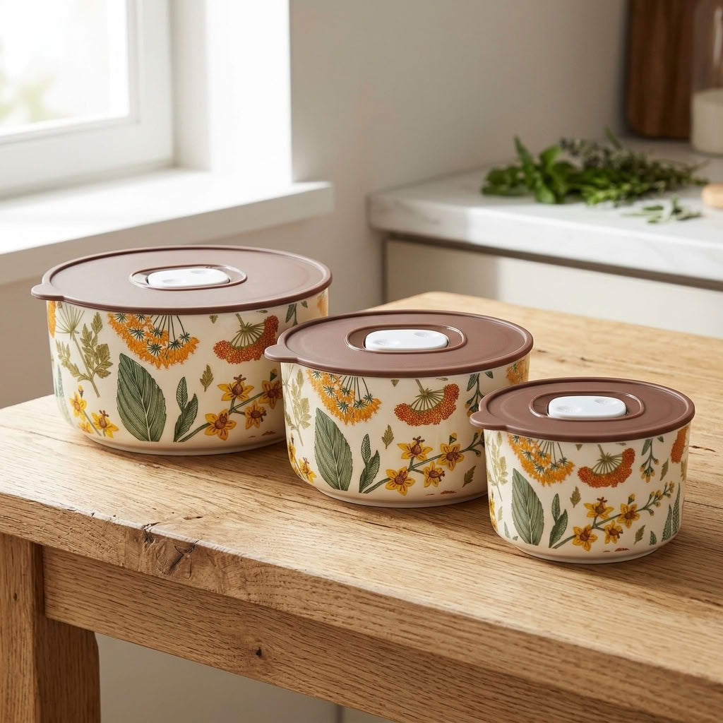Three floral-patterned glass storage containers with brown lids are arranged on a wooden table in a bright kitchen setting.