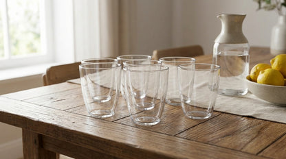 Clear glass tumblers on a wooden table with a bowl of lemons and a pitcher in the background.