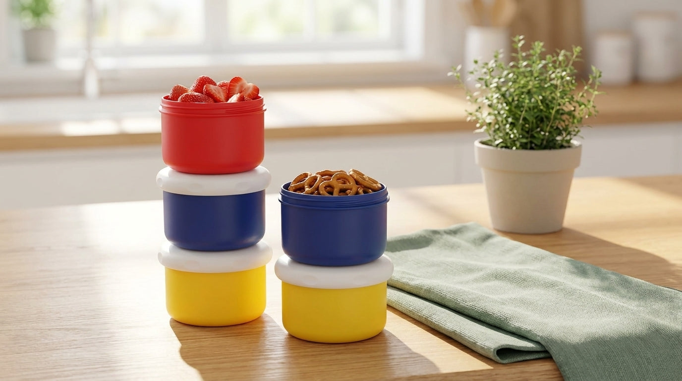 Colorful containers stacked on a wooden surface with a plant in the background