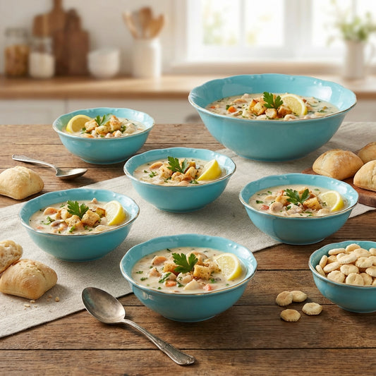 Multiple blue bowls of soup on a wooden table with bread and spoons.