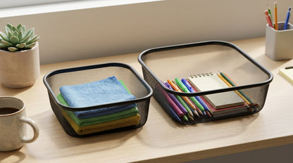 Two black mesh desk organizers on a light wood desk, one holding folded colorful cloths and the other holding colored pencils and a notepad, with a small plant and mug nearby.