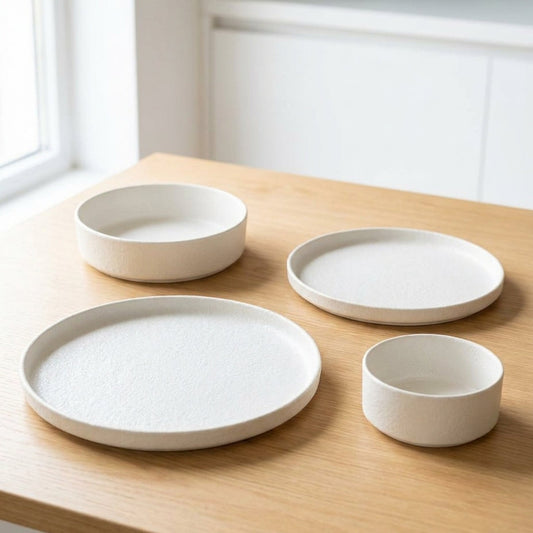 Set of white ceramic dishes on a wooden surface with a neutral background