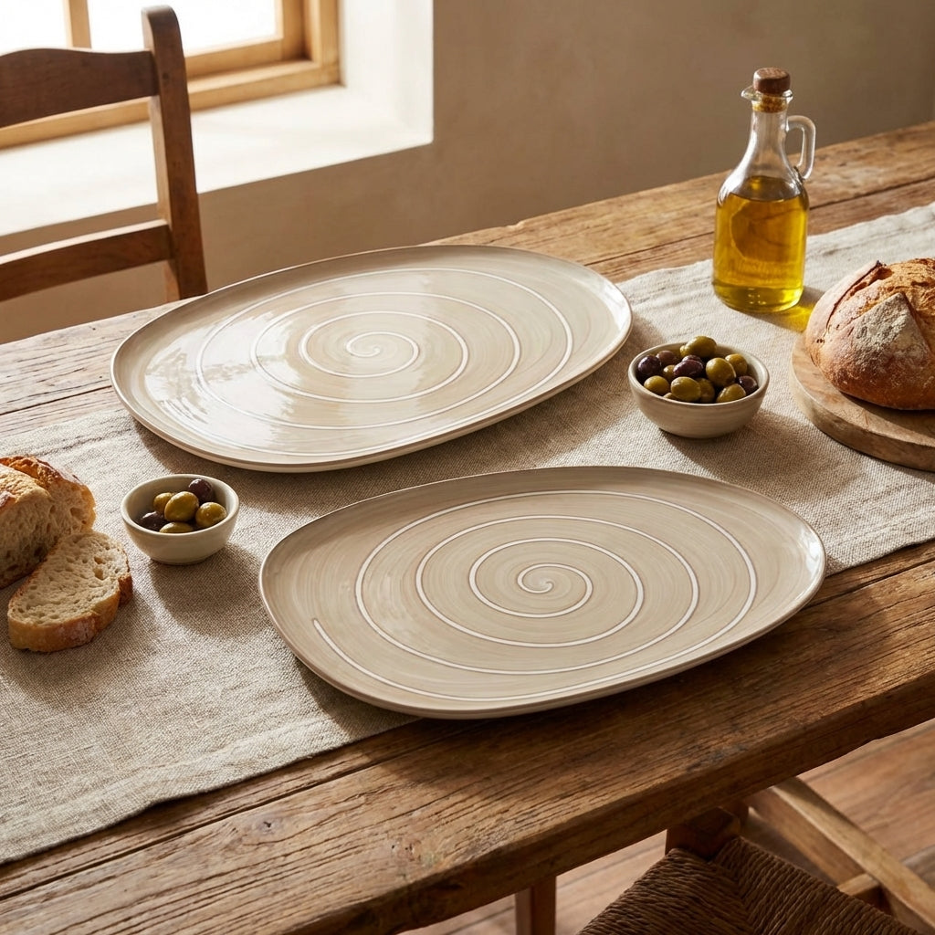 Two ceramic platters on a wooden table with bread and olives.