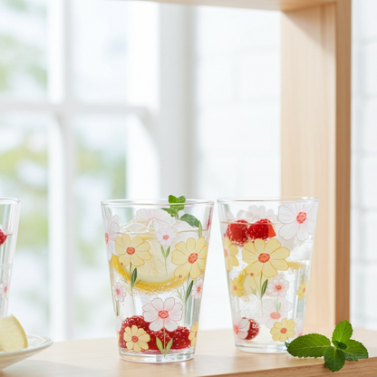 Two floral-patterned glasses on a wooden shelf with a blurred background