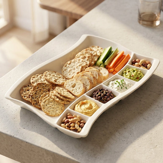 A white ceramic divided serving platter filled with crackers, sliced bread, carrot sticks, cucumber, nuts, dip, and hummus, set on a light stone countertop in a bright kitchen.