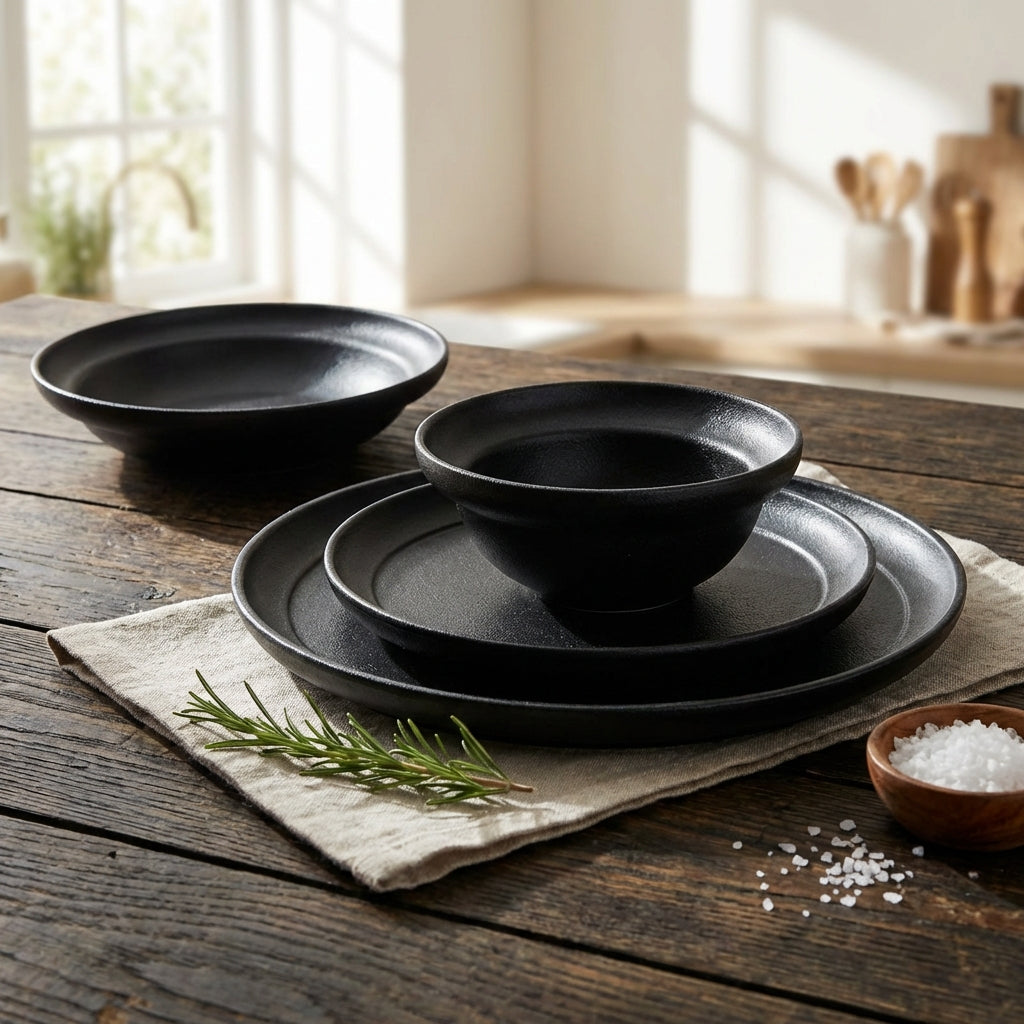 Set of black ceramic dishes on a wooden table with a natural napkin and salt.