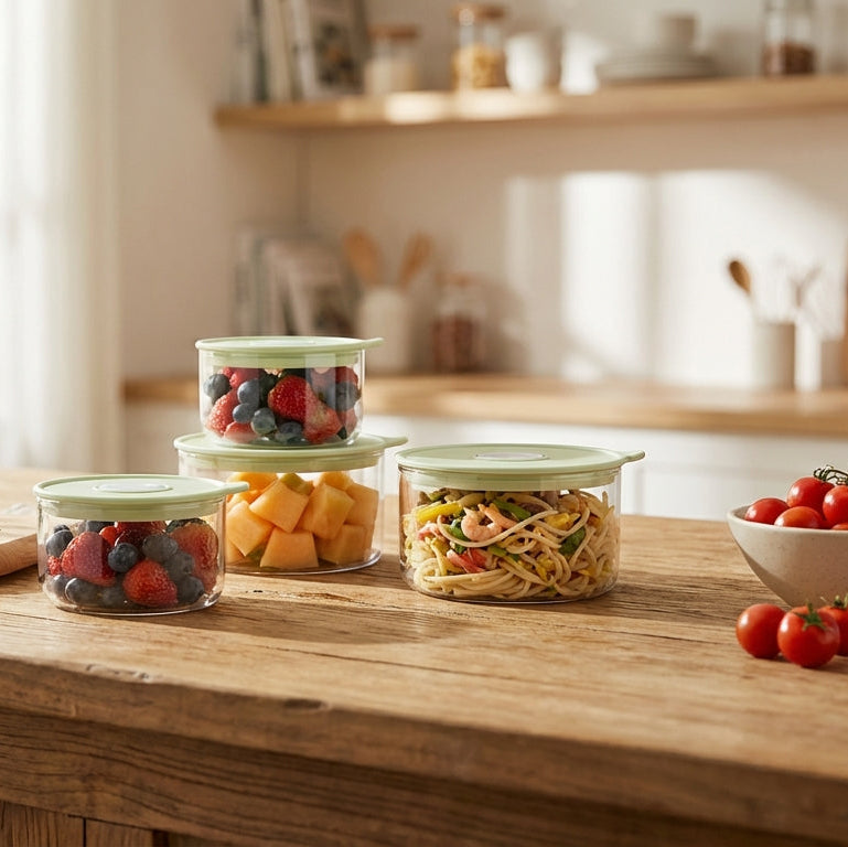 Kitchen counter with food containers and fresh produce