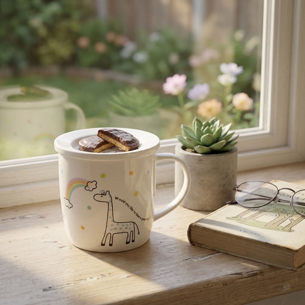 A white ceramic mug with a cute giraffe and rainbow illustration sits on a wooden windowsill. Two chocolate-covered cookies rest on top of the mug, with a small potted succulent, a book, and eyeglasses nearby.
