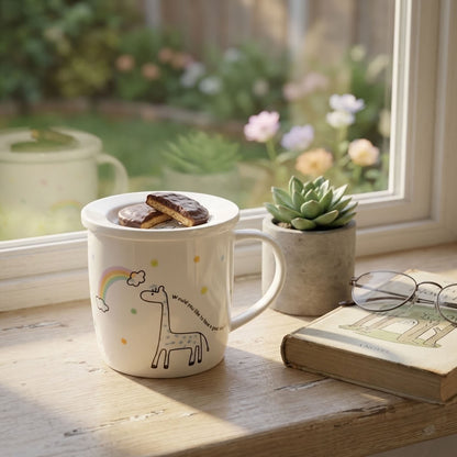 A white ceramic mug with a cute giraffe and rainbow illustration sits on a wooden windowsill. Two chocolate-covered cookies rest on top of the mug, with a small potted succulent, a book, and eyeglasses nearby.