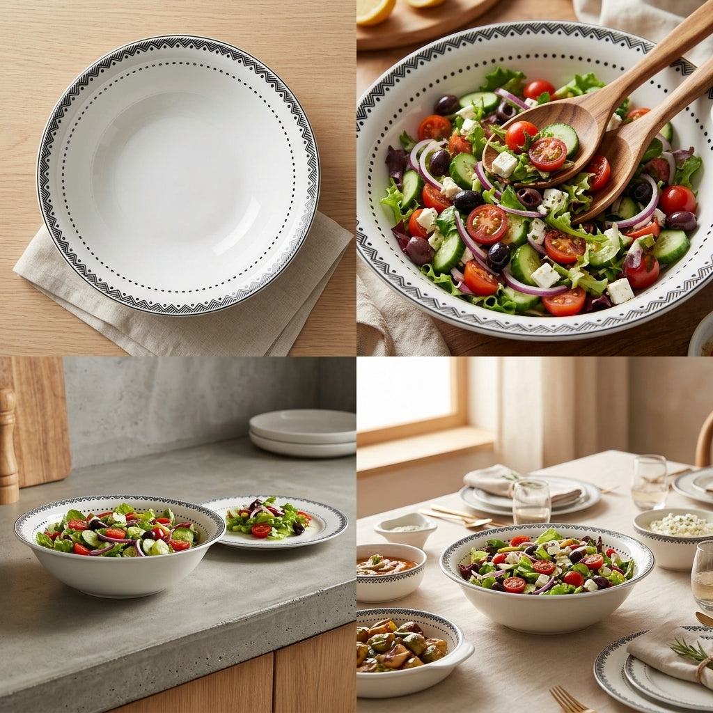 Collage of a decorative bowl with salad on a table setting.