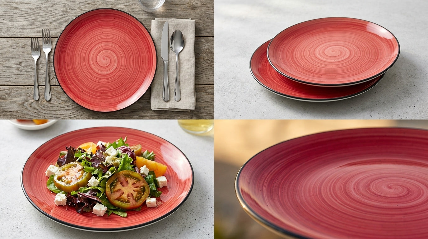 A 2x2 collage showing red spiral-patterned plates in different settings: one set with silver cutlery on a wood table, a stack of two plates on a light surface, a plated salad on one of the red plates, and a close-up of the red plate surface.