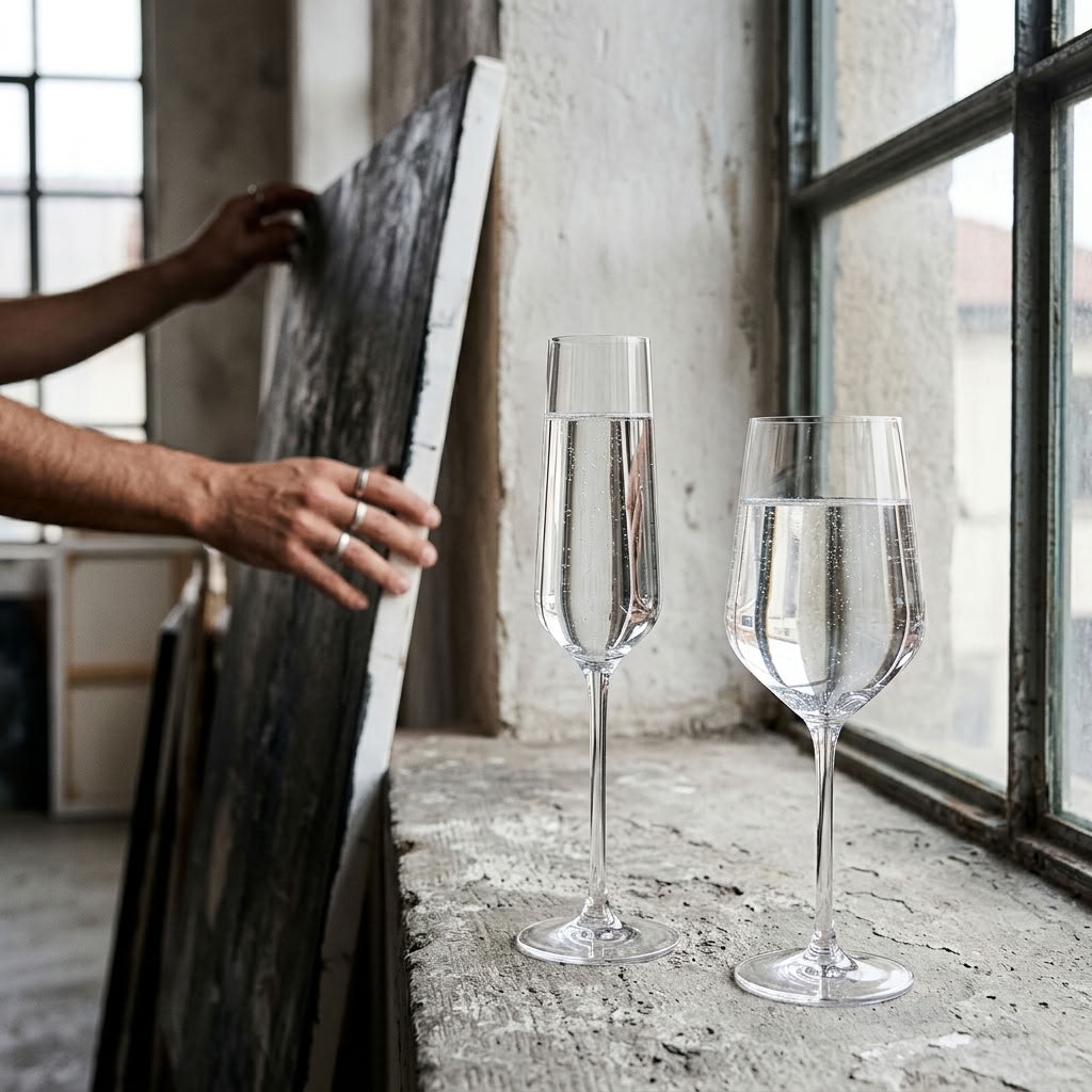 Clear champagne flute and wine glass in a bright setting