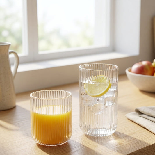 Two glasses on a wooden surface, one with orange juice and the other with water and lemon, with a bowl of fruit in the background.