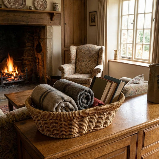 Cozy living room with a fireplace, armchair, and basket of blankets on a wooden cabinet.