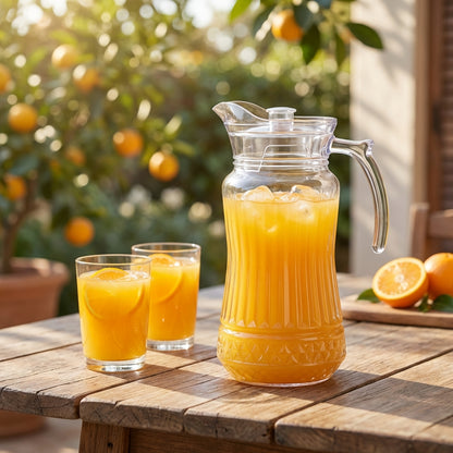 Clear pitcher and glasses filled with orange juice on a wooden table outdoors.