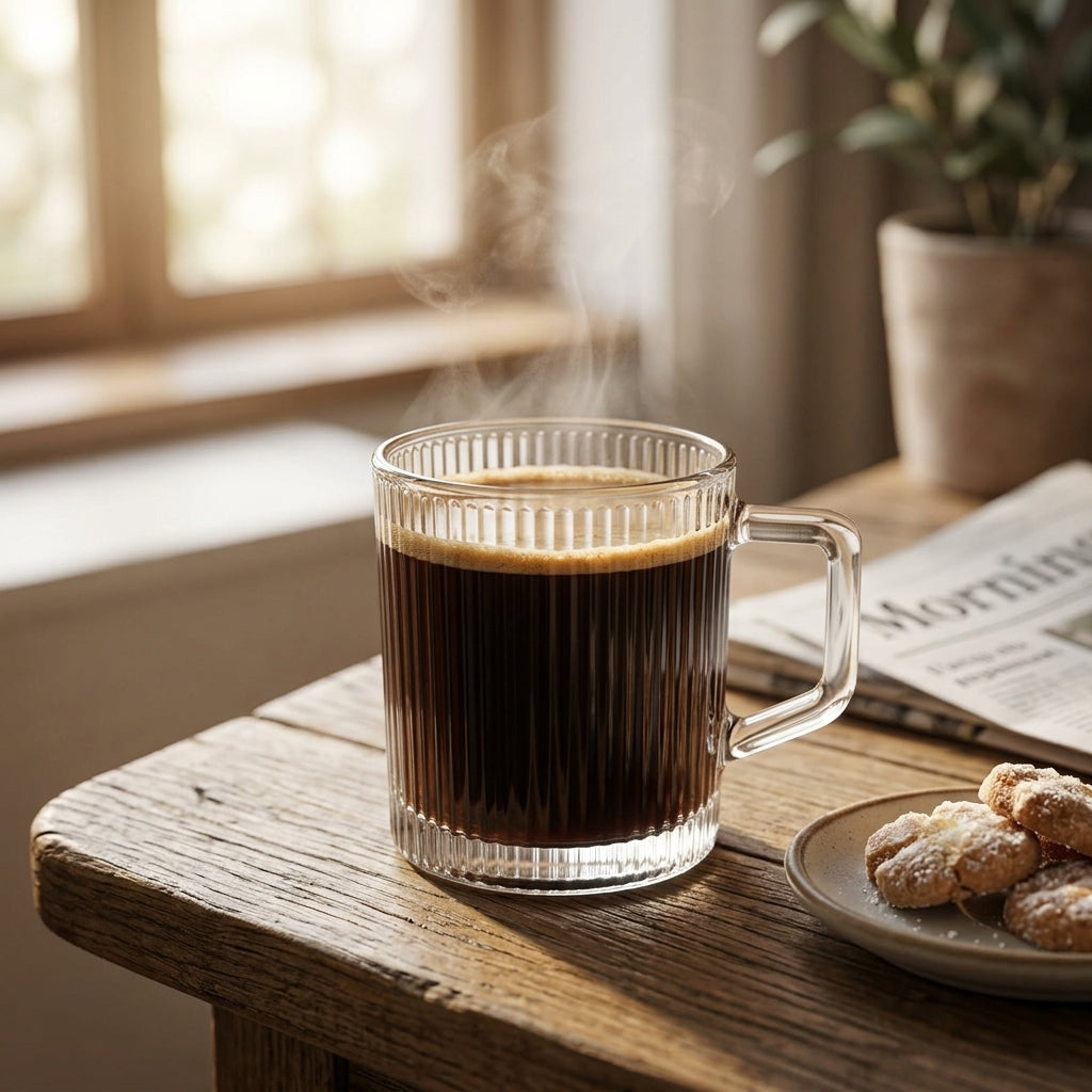 A ribbed clear glass mug filled with black coffee sits on a rustic wooden table, with steam rising. A plate of pastries and a newspaper are nearby, with a softly blurred indoor background including a window and plant.