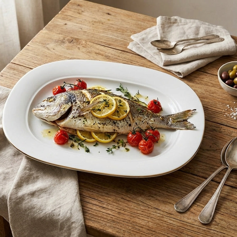Dish of fish with lemon and tomatoes on a wooden table