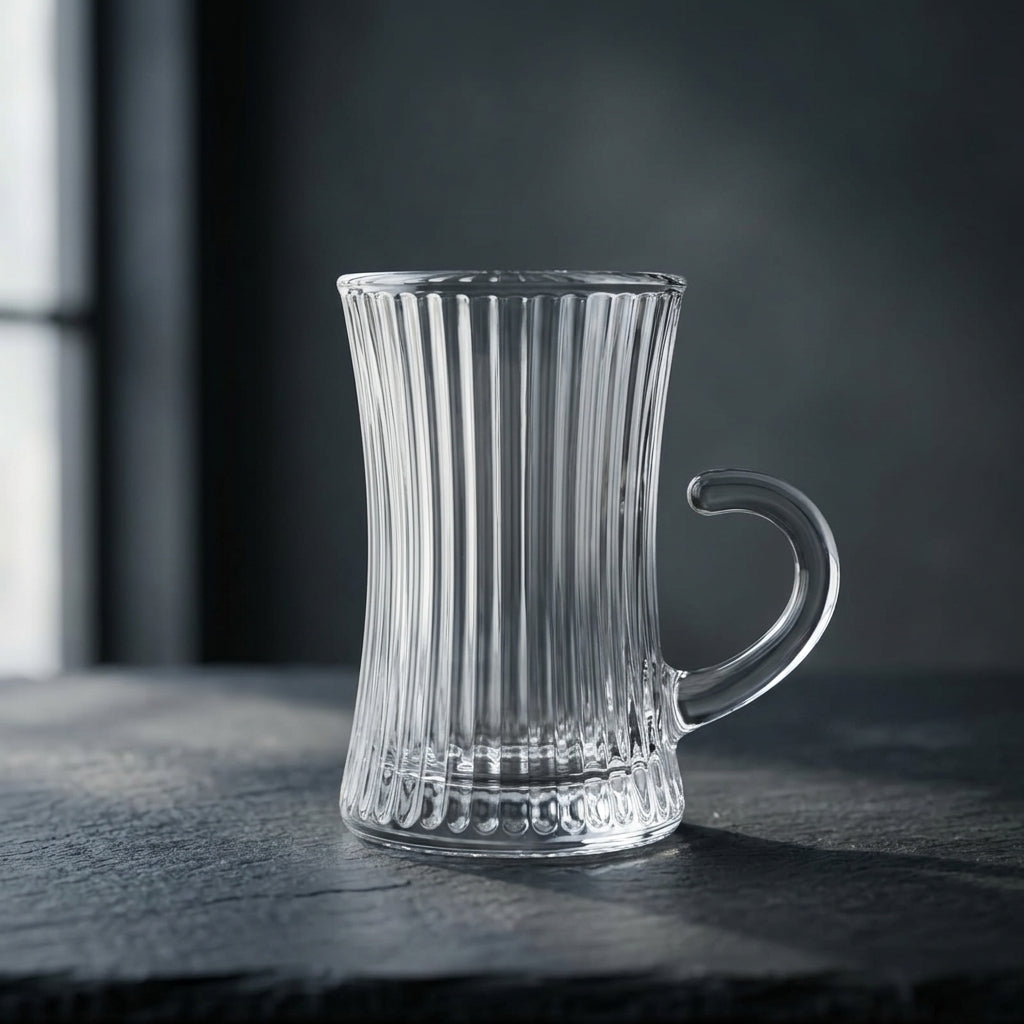 A clear ribbed glass mug with a curved handle, standing on a dark textured surface against a dark gray background.