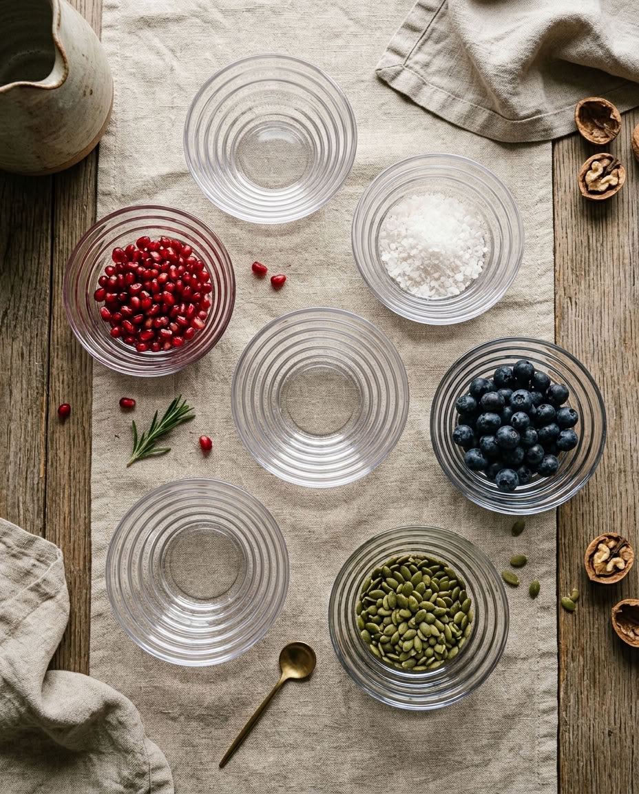 Six clear ribbed glass bowls arranged on a beige linen cloth over a rustic wooden surface, containing red pomegranate seeds, white sugar, blueberries, green pumpkin seeds, and one empty bowl. A small gold spoon, loose rosemary sprig, and cream-colored ceramic pitcher are also visible as styled props.