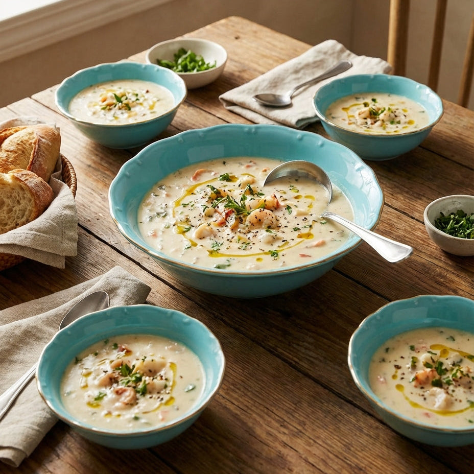 Bowls of soup on a wooden table with bread and herbs.