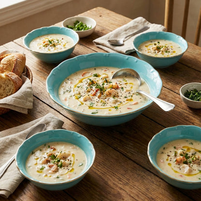 Bowls of soup on a wooden table with bread and herbs.