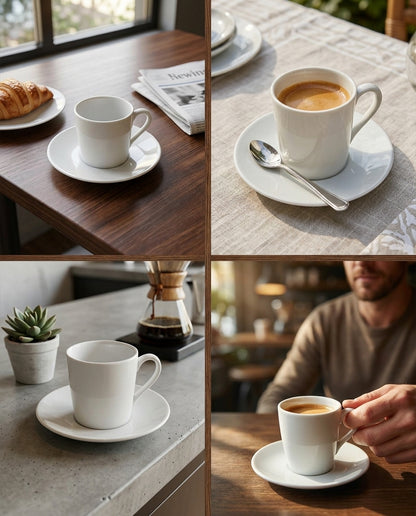 Collage of coffee cups on saucers in various settings