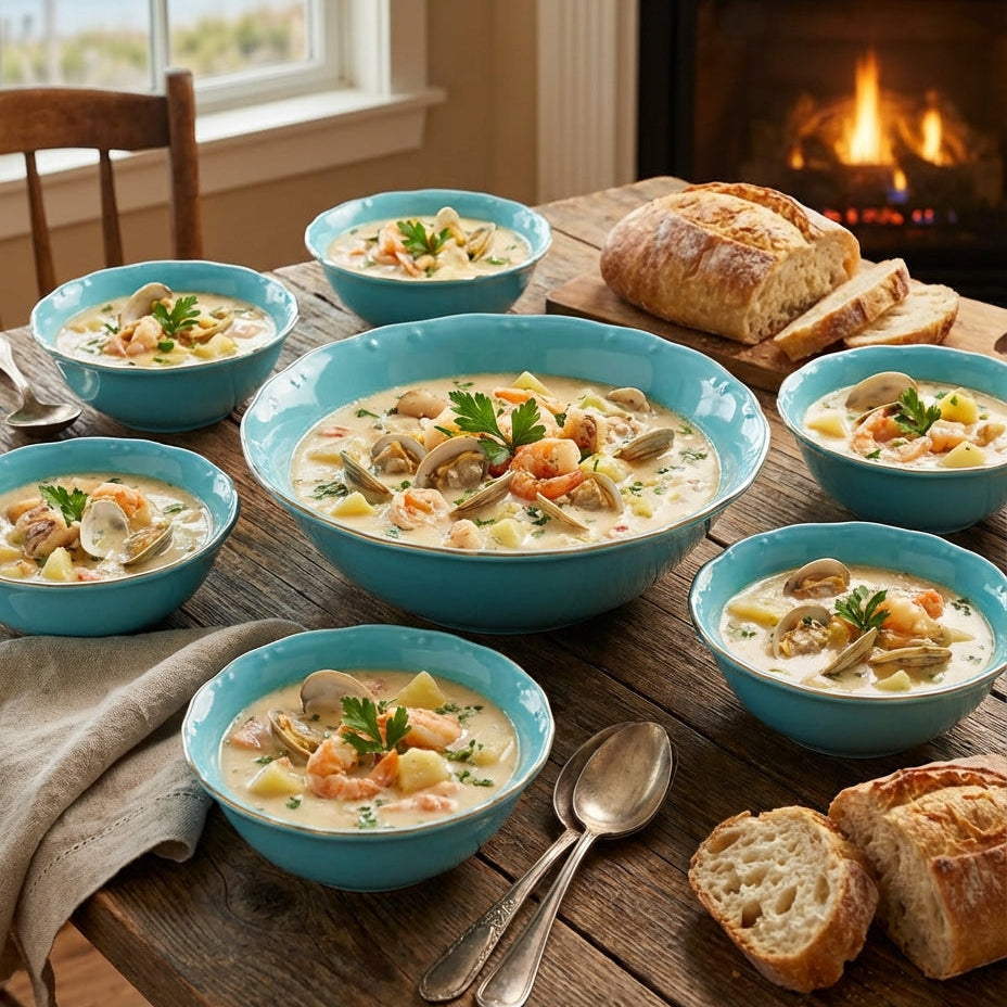 Bowl of seafood chowder on a wooden table with bread and spoons, fireplace in the background