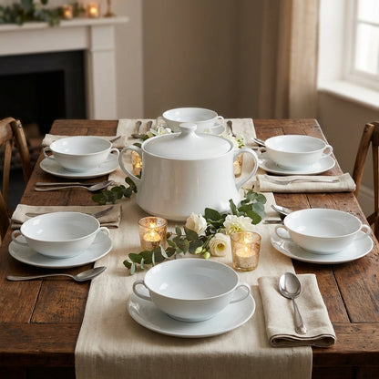 Makroon Porcelain Soup Tureen Set with Bowls & Saucers – Bowls  for Everyday Dining- Serving 6 People